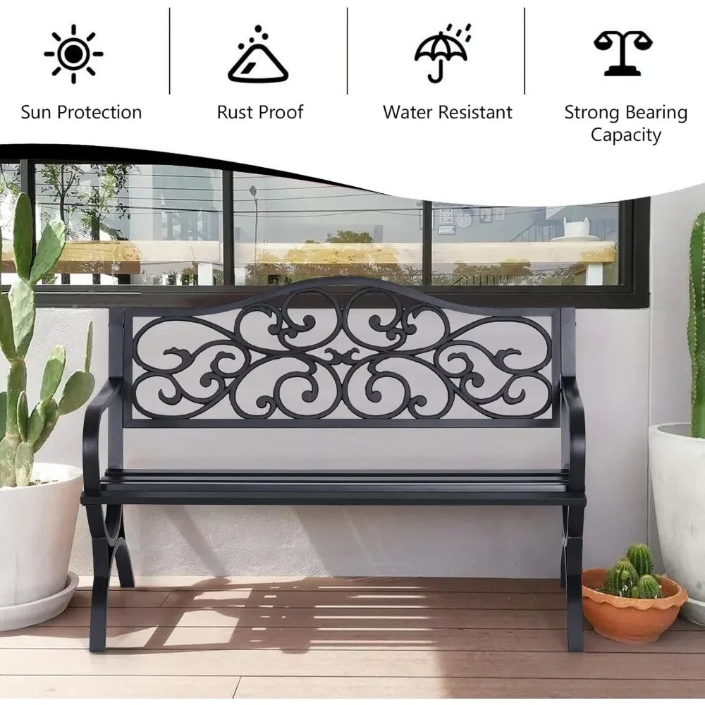 50 Inch Outdoor Garden Bench with Floral Design Metal Frame