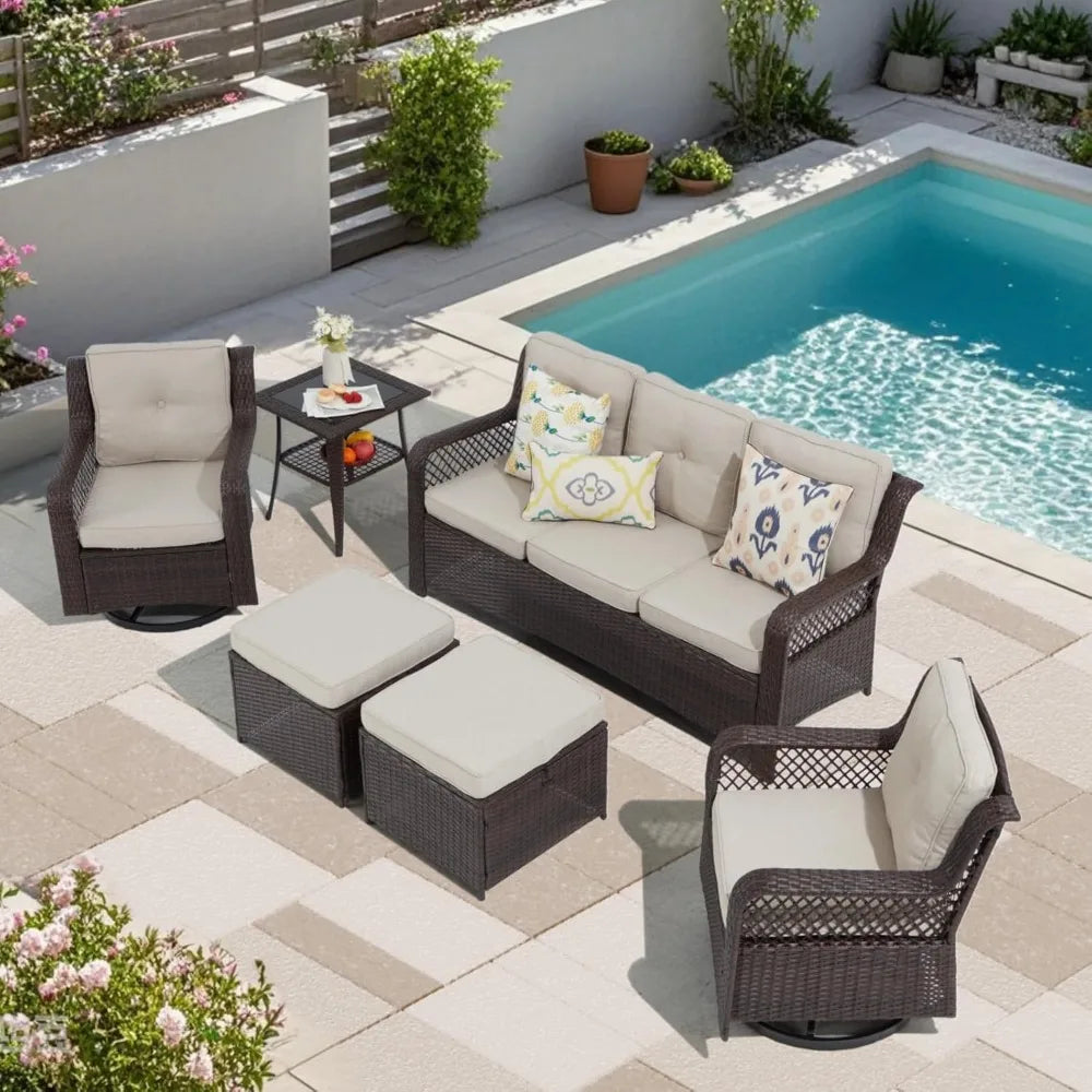 6 Piece Dark Beige Patio Furniture Set with Wicker Swivel Chairs
