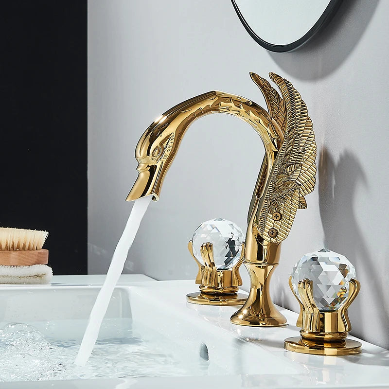 Wanmivezlo Gold Swan Basin Faucet with Dual Crystal Handles