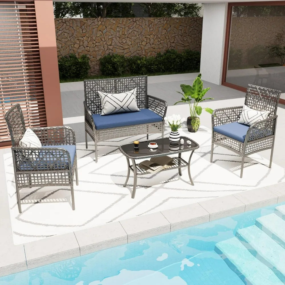 4 Piece Outdoor Patio Furniture Set with Cushions and Table
