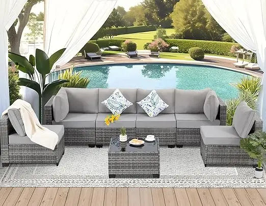 7 Piece Wicker Outdoor Patio Furniture Set with Blue Cushions