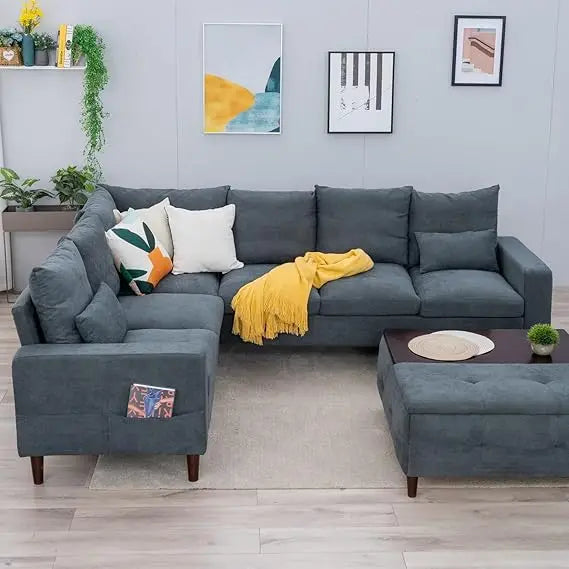 Modern Upholstered L-Shape Sectional Sofa in Grey for Living Room