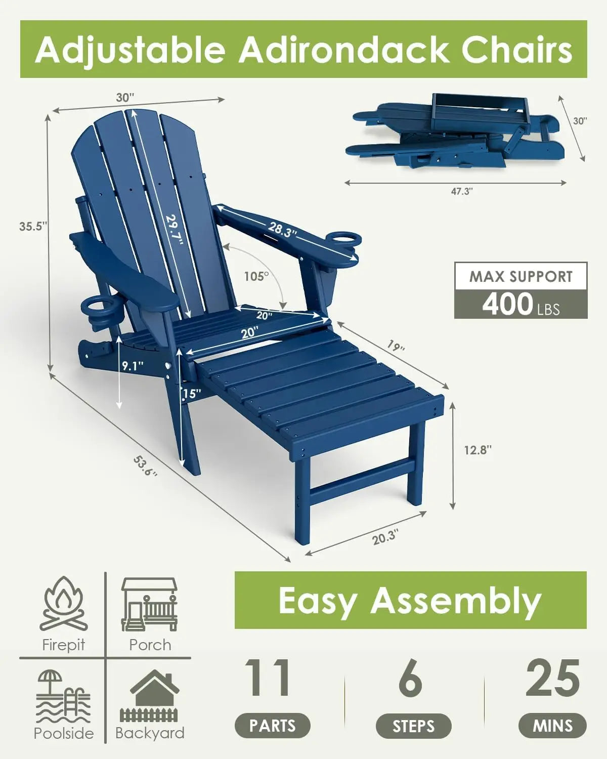 Adjustable Adirondack Chair Set with Retractable Ottoman Blue
