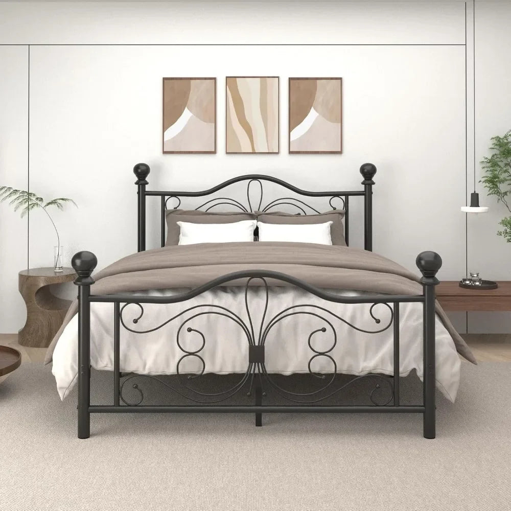 Queen Size Metal Platform Bed Frame with Butterfly Headboard