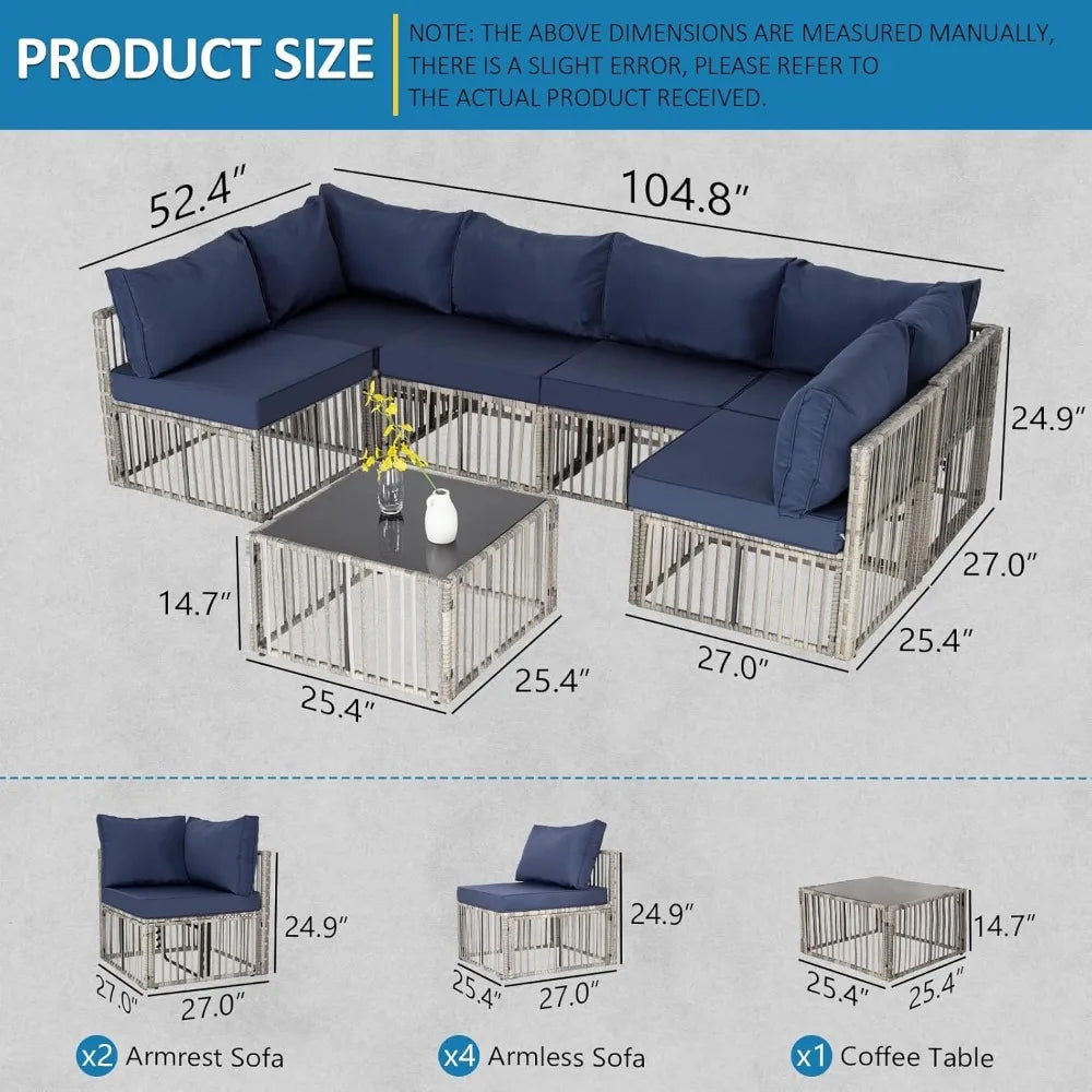 7 Piece Wicker Outdoor Patio Furniture Set with Blue Cushions