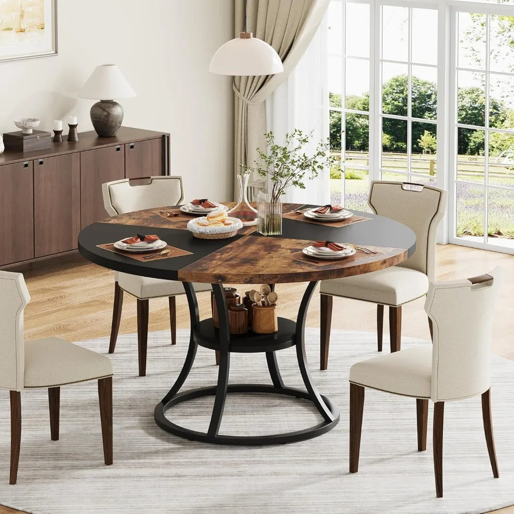 Round Dining Table for 4 to 6 with Storage Shelf and Metal Base
