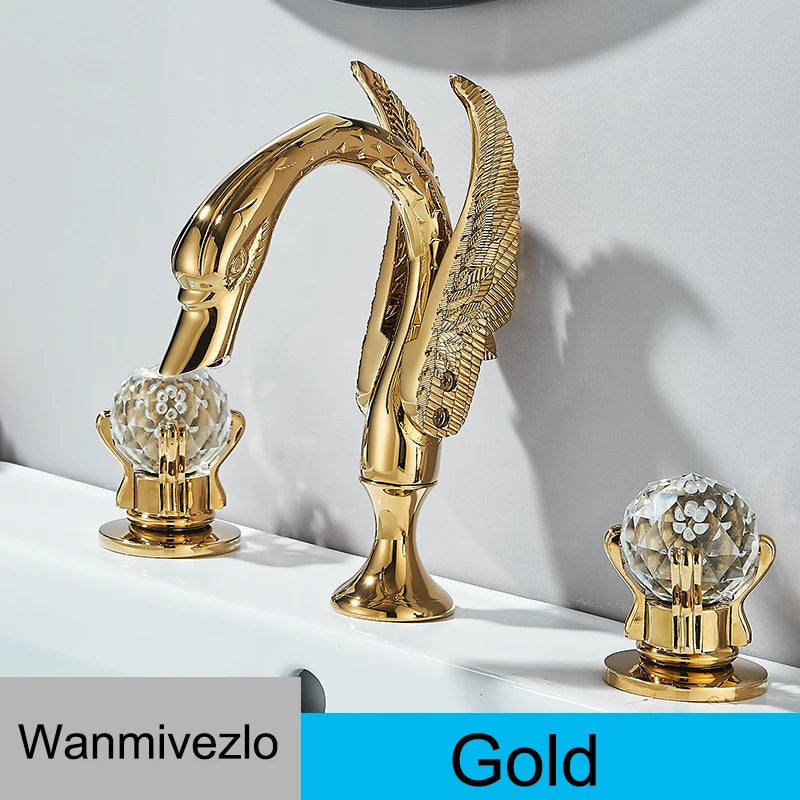 Wanmivezlo Gold Swan Basin Faucet with Dual Crystal Handles