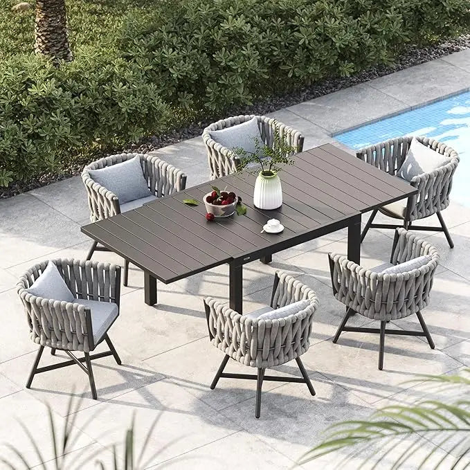 7-Piece Outdoor Dining Set with Swivel Wicker Chairs and Table