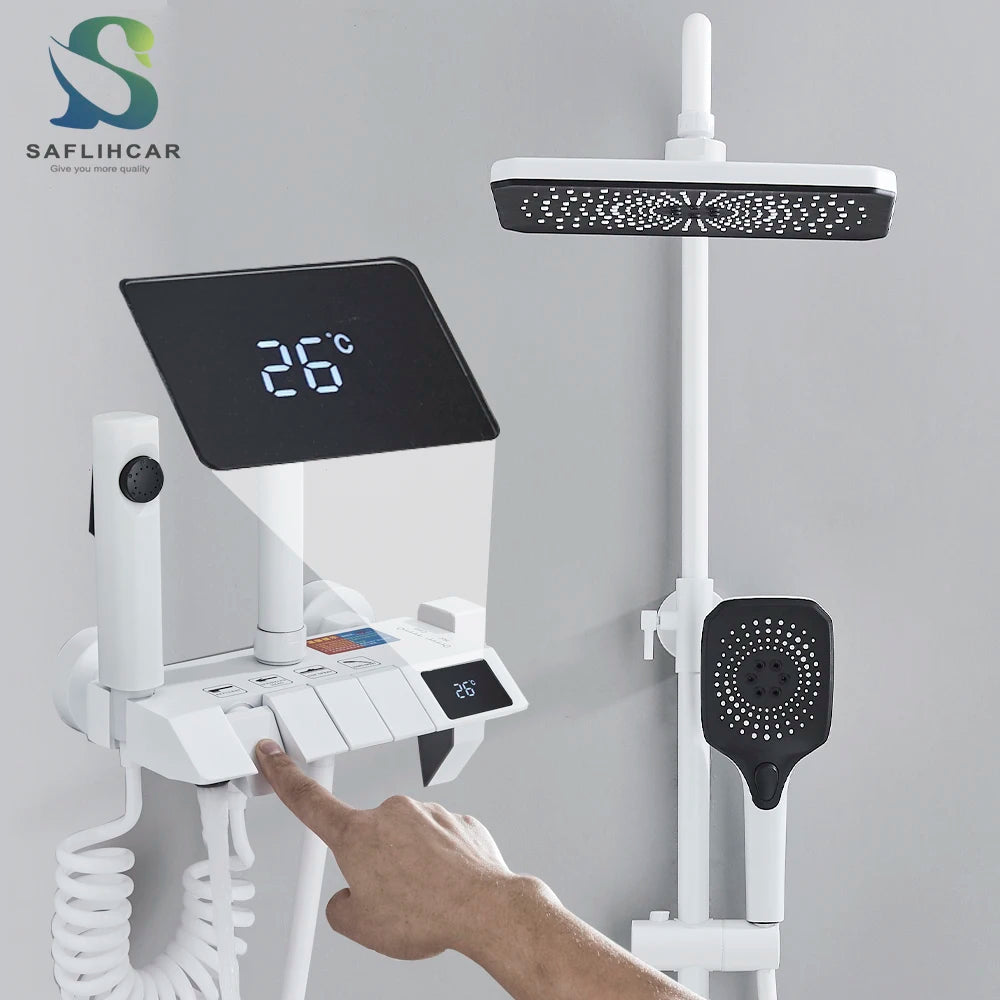 White Bathroom Shower Faucet with Digital Display and Tap