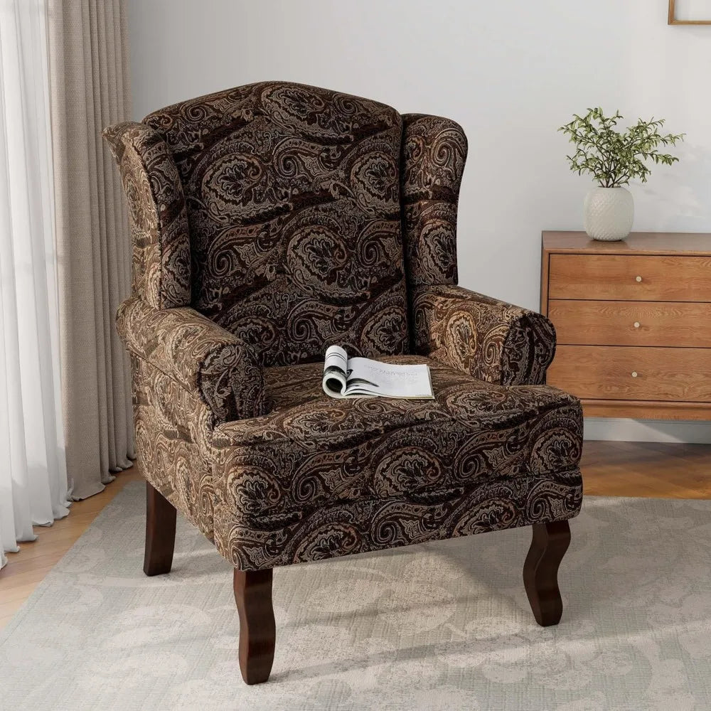 High Back Upholstered Accent Chair with Floral Brown Design
