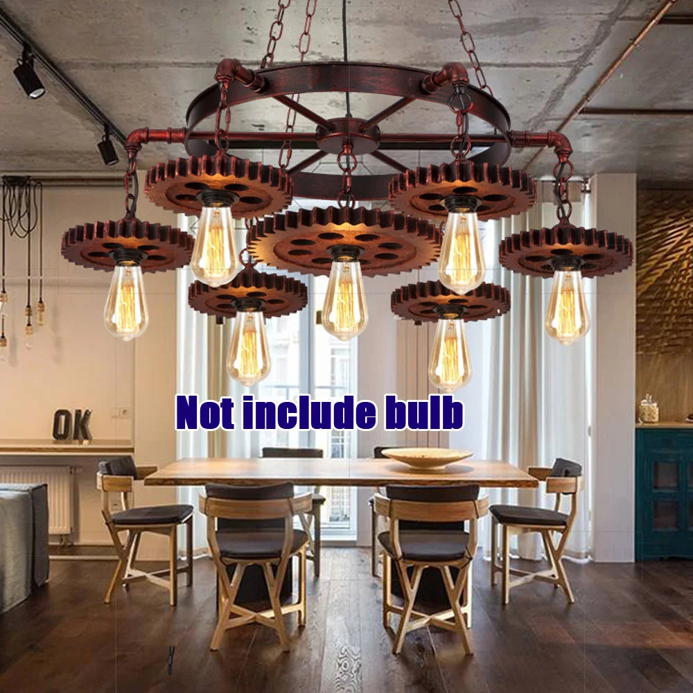 Retro Vintage Industrial Round Gear Chandelier with 7 Lights