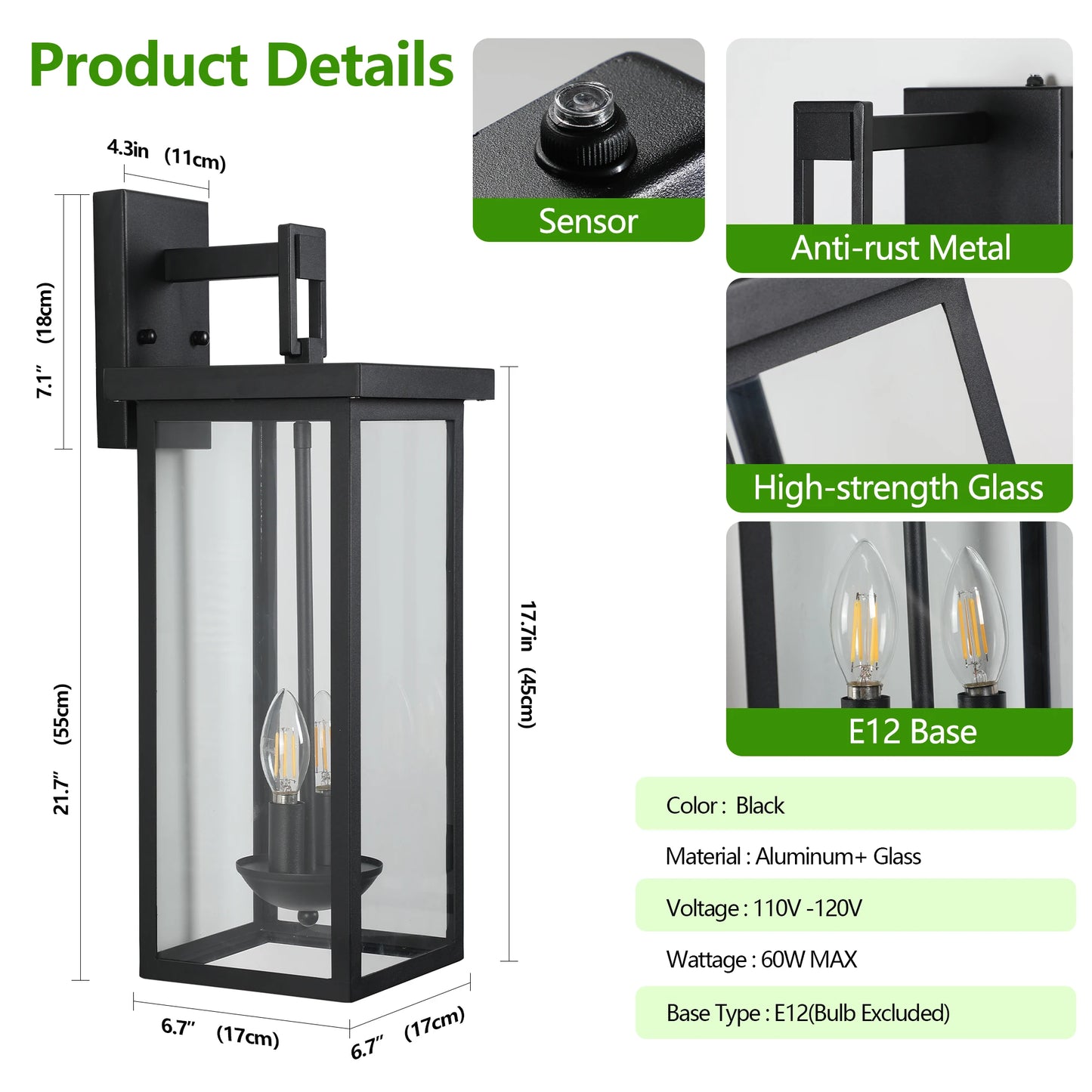 22 Inch Outdoor Wall Lantern with Dusk to Dawn Sensor Black