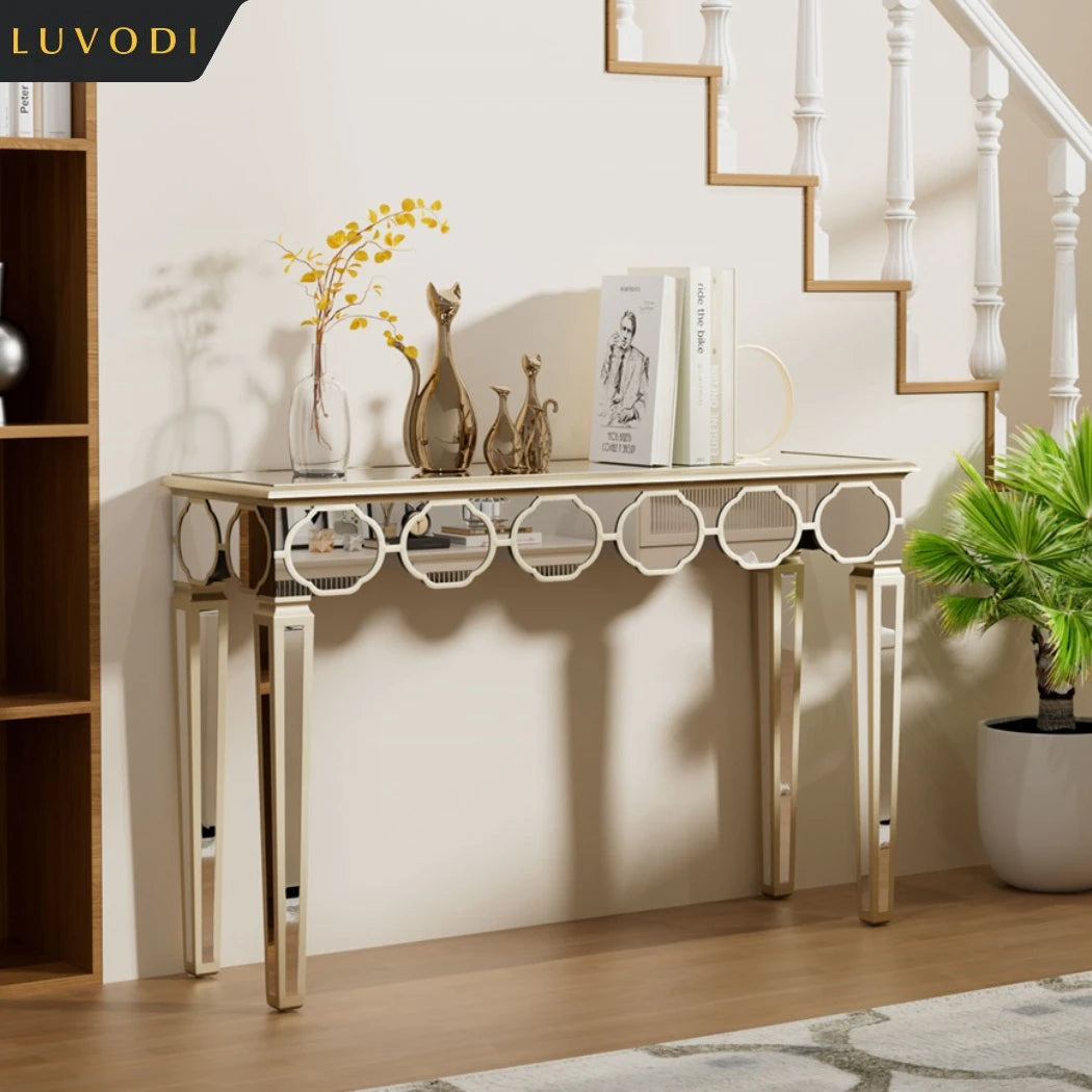 LUVODI Modern Glass Console Table with Gold Rim for Living Room