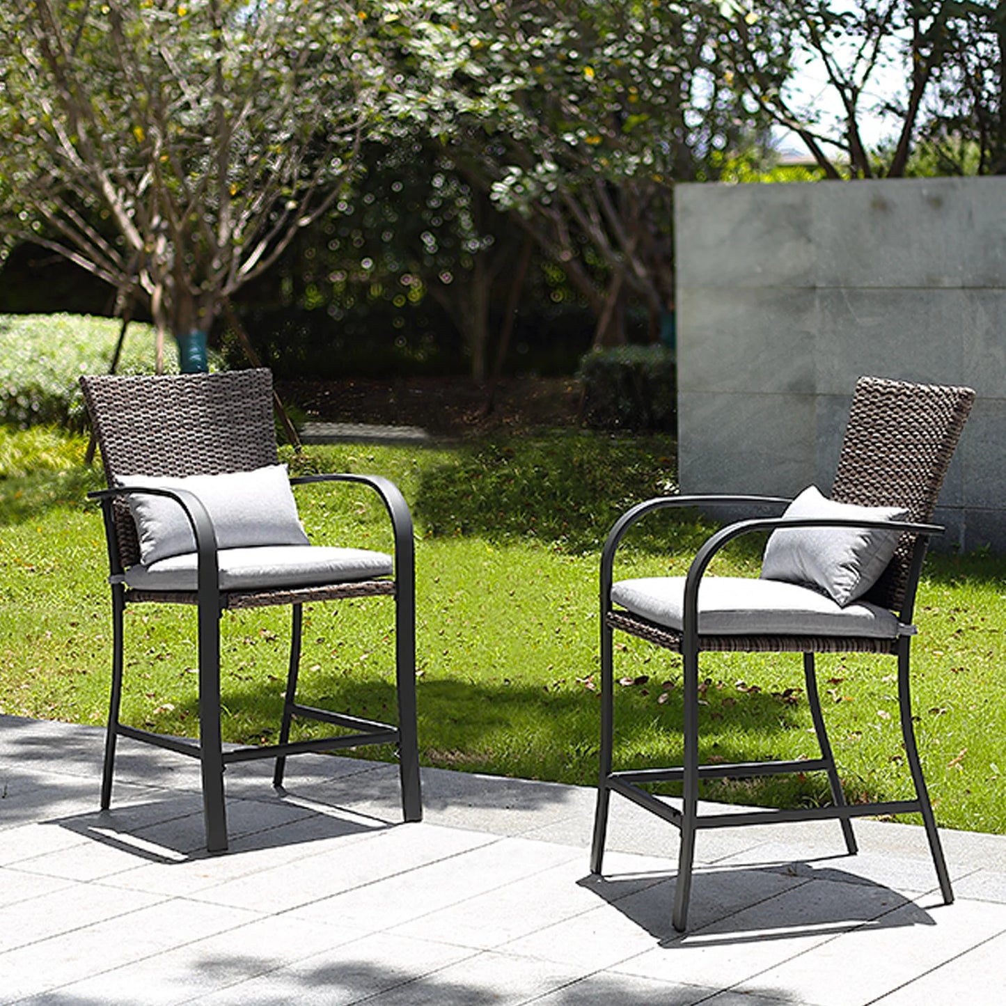 Naga Bahna 2pcs Rattan Wicker Patio Bar Chair Set with Cushions