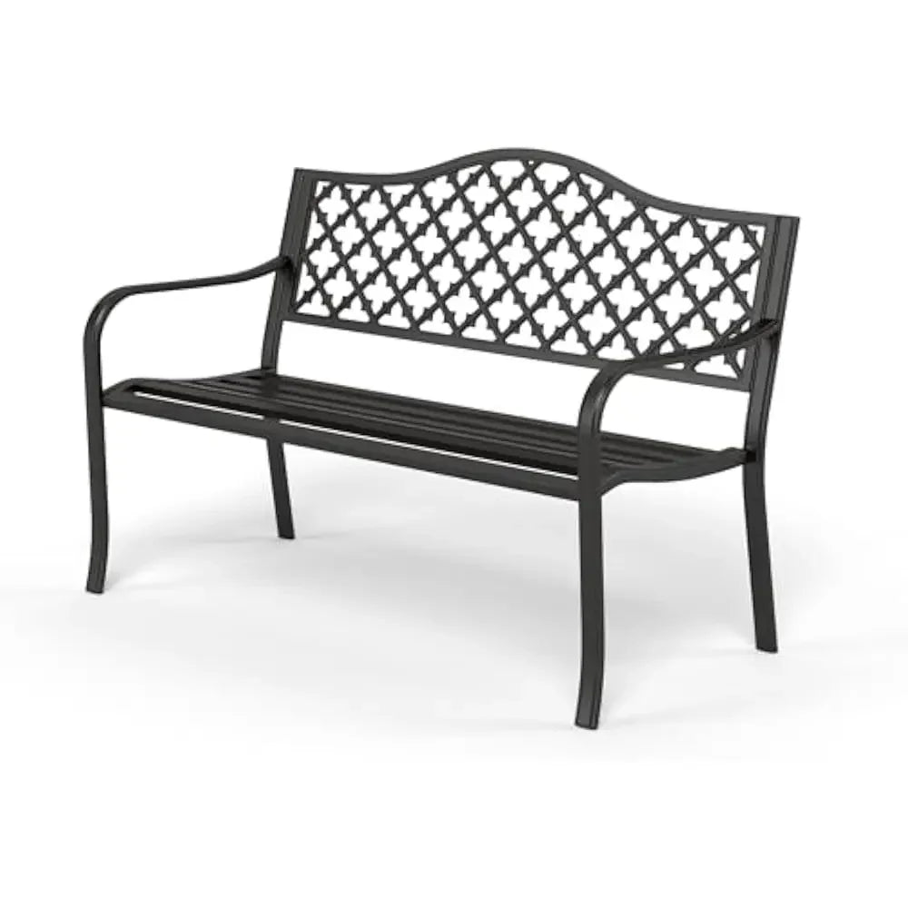 50 Inch Outdoor Garden Bench with Floral Design Metal Frame