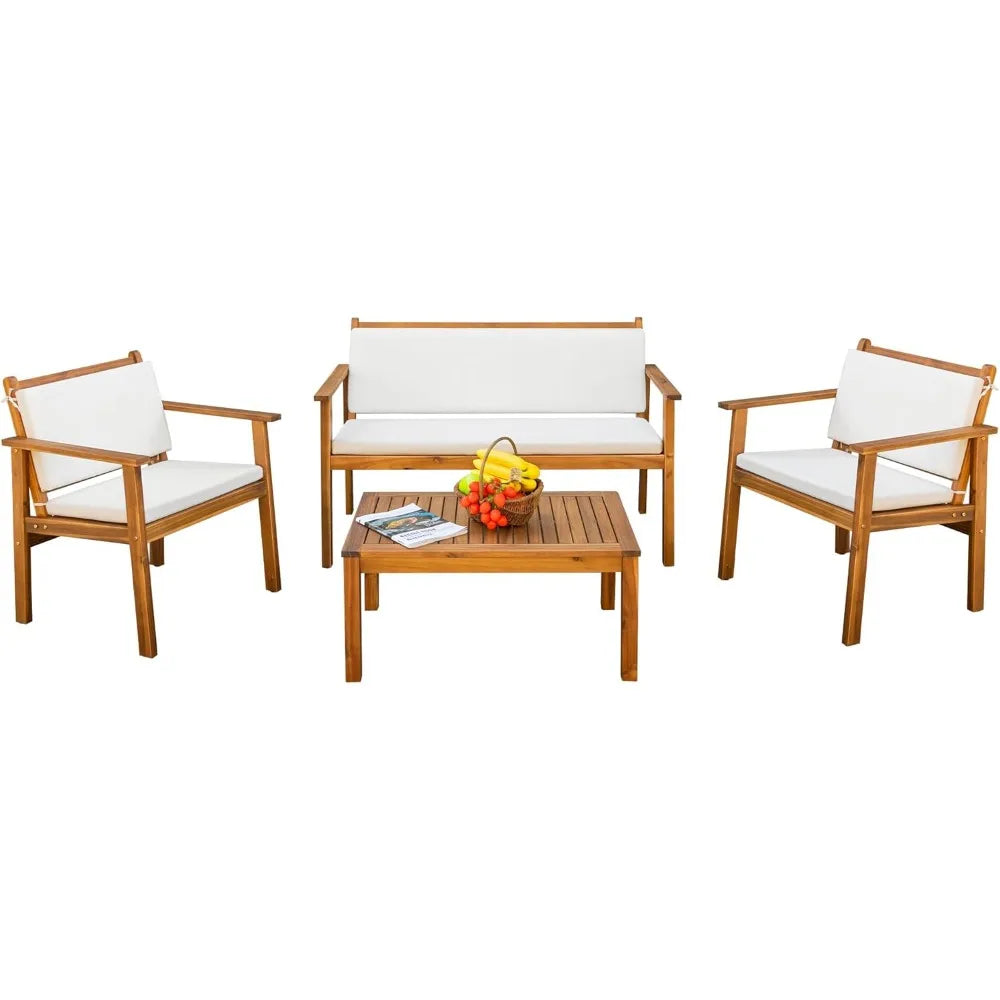 Acacia Wood 4 Piece Outdoor Conversation Sofa Set with Cushions