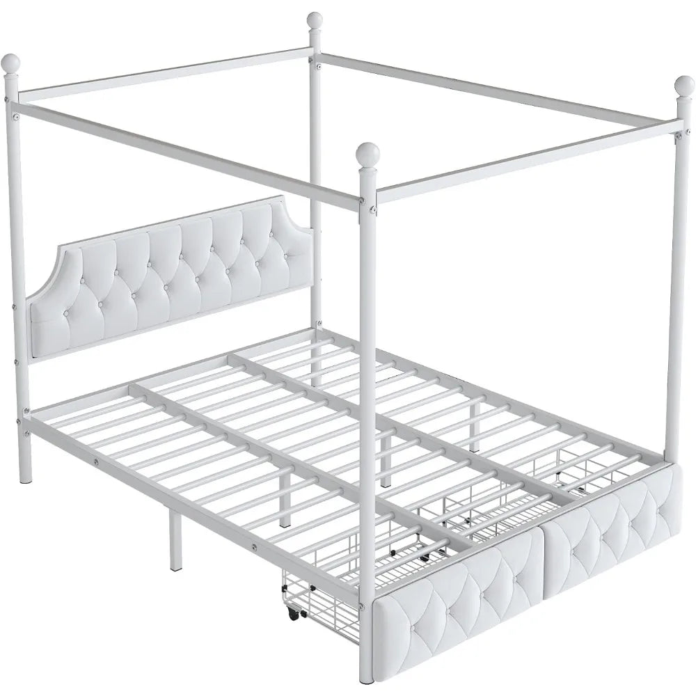Softsea Queen Size Metal Canopy Bed with Storage and Headboard