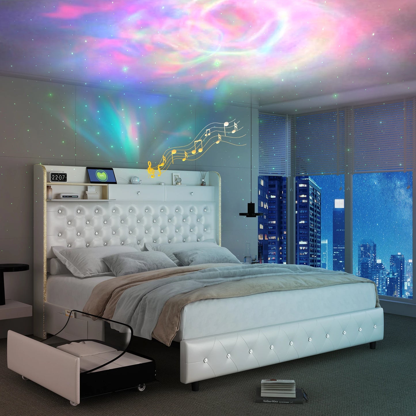 LED Bed Frame with Galaxy Projector and Charging Station
