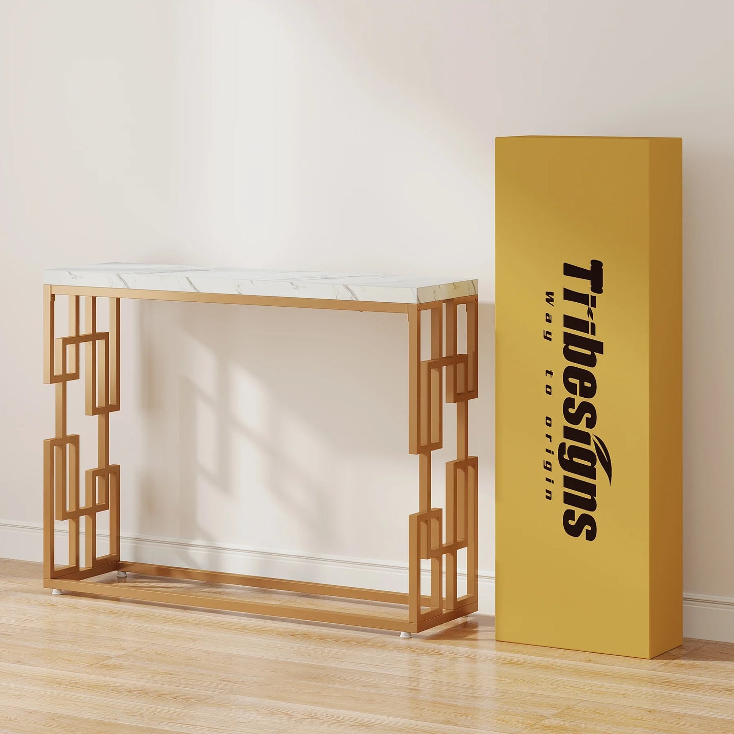 Tribesigns Gold Console Table with White Faux Marble Top
