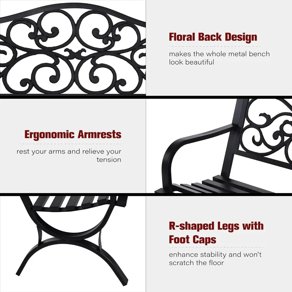 50 Inch Outdoor Garden Bench with Floral Design Metal Frame