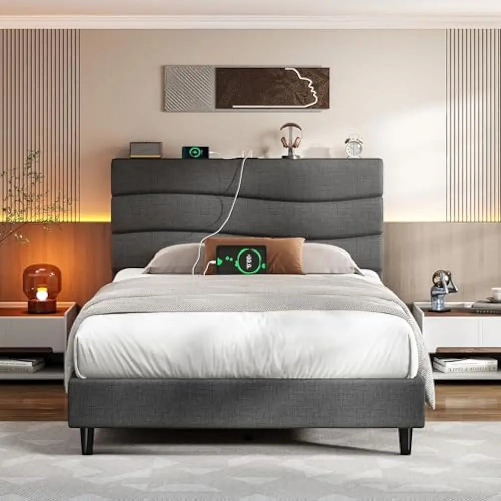 Queen Bed Frame with Upholstered Headboard and Storage Charging Station
