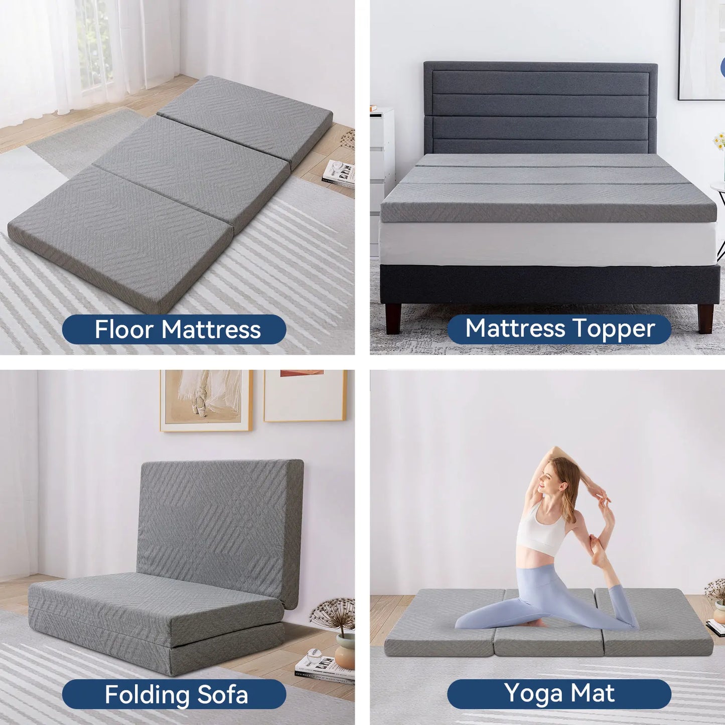 Hcore 4 Inch Folding Memory Foam Mattress Topper for Travel
