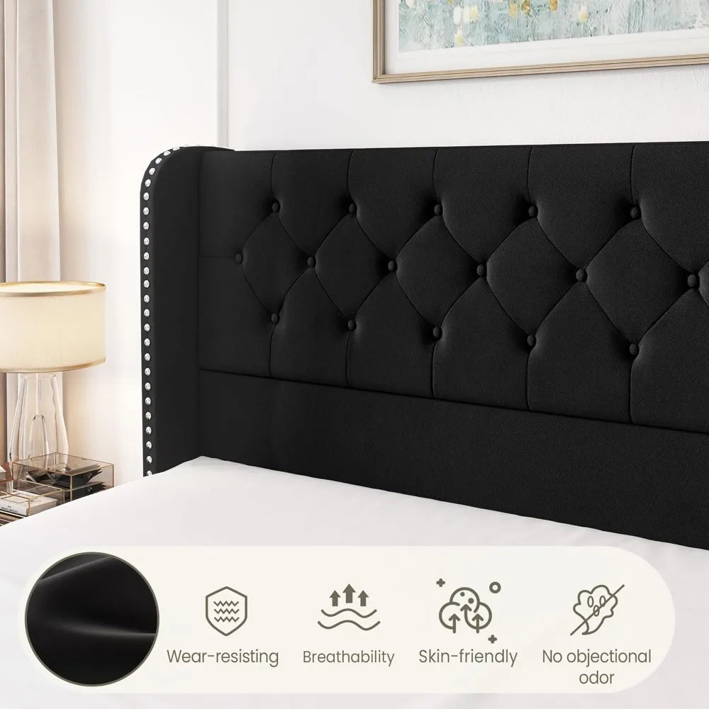 King Size Velvet Upholstered Bed Frame with Storage Drawers
