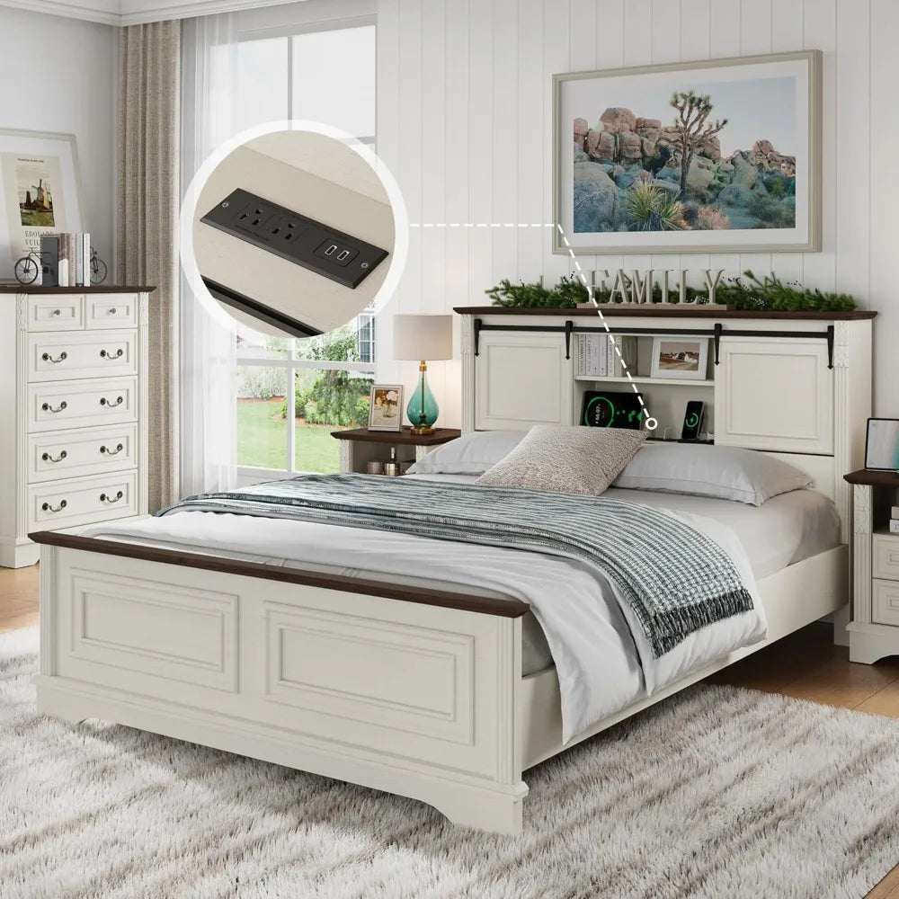Antique White Queen Bed Frame with Storage Headboard and Bookcase
