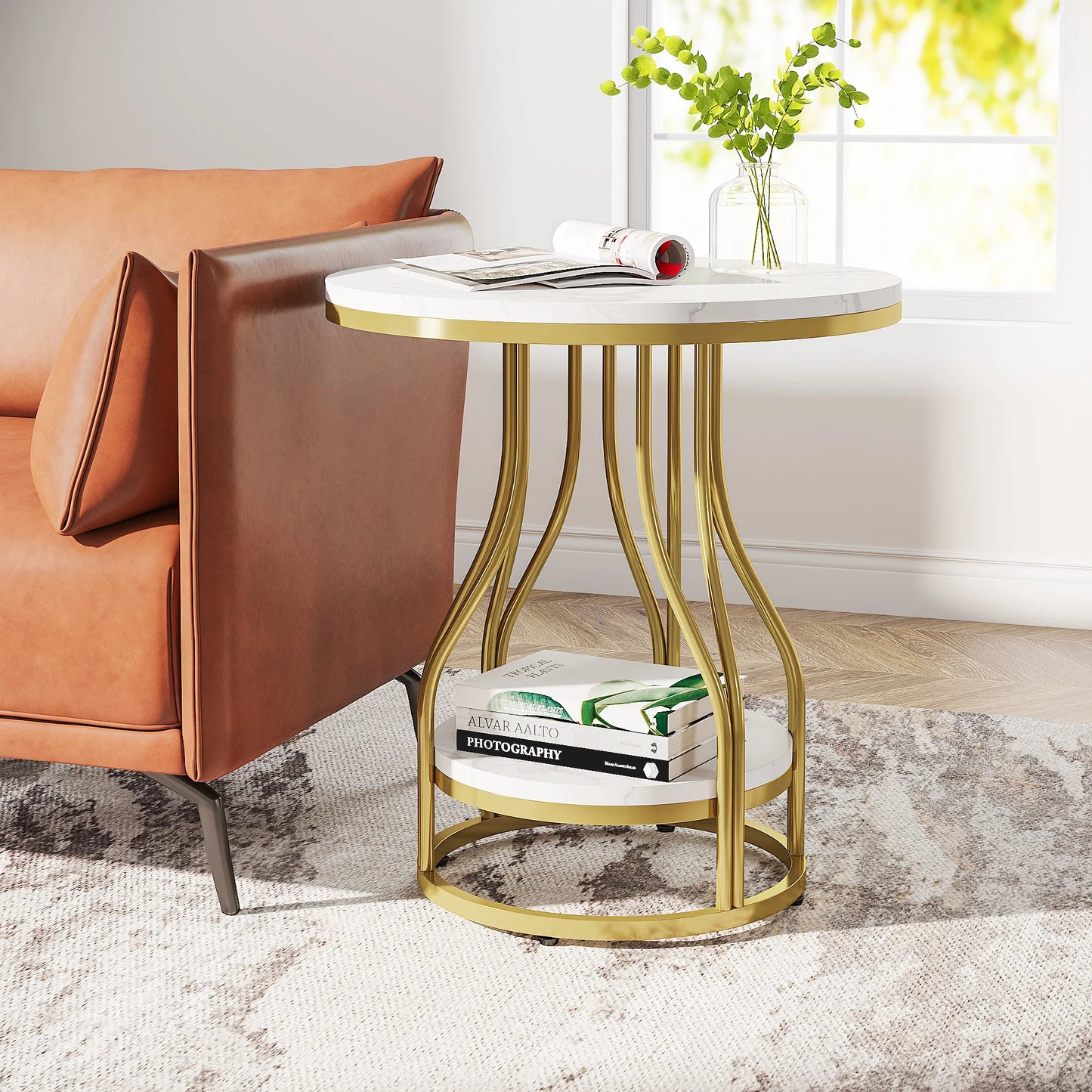 Tribesigns Modern White Gold Round Side Table with Storage