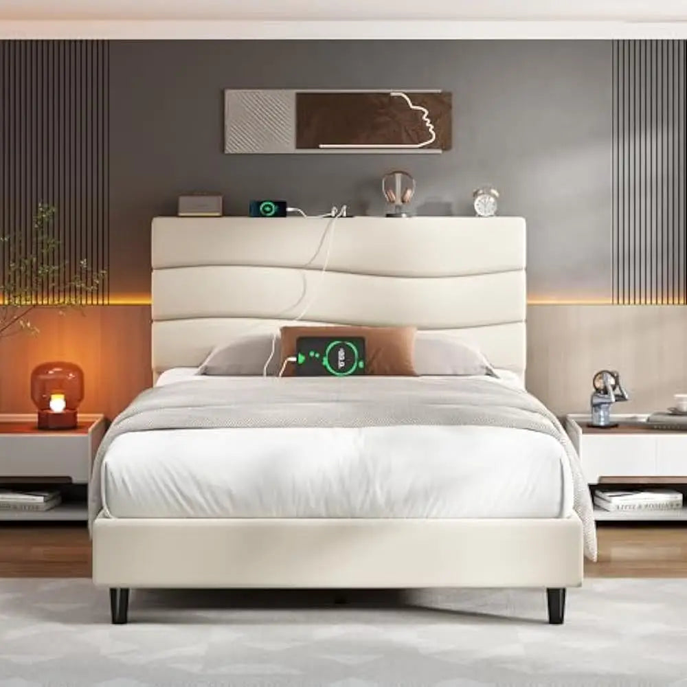 Queen Bed Frame with Upholstered Headboard and Storage Charging Station