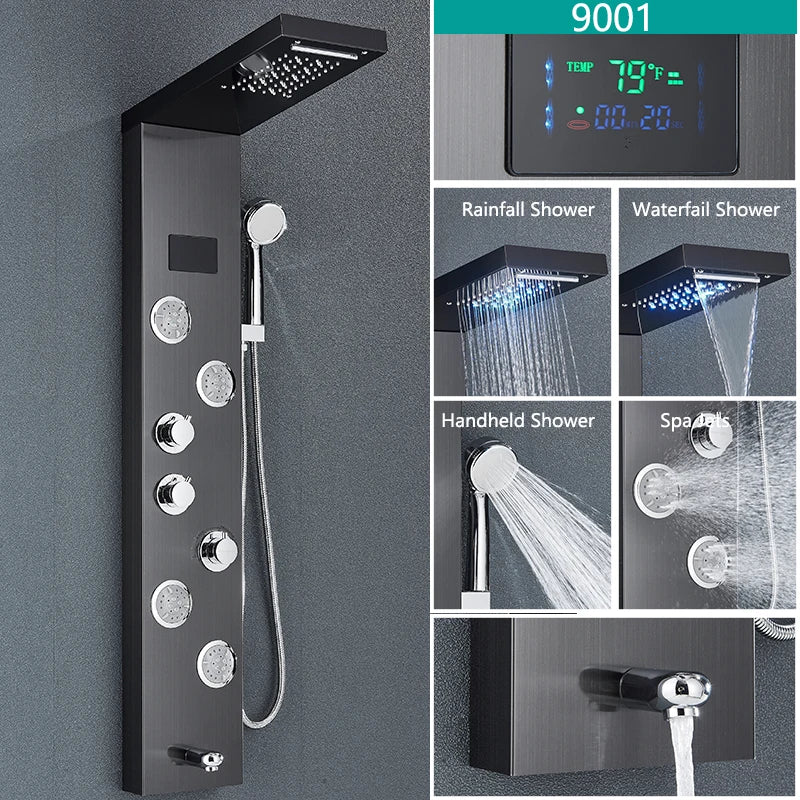 LED Rainfall Shower Faucet Set with Temperature Display and Massage