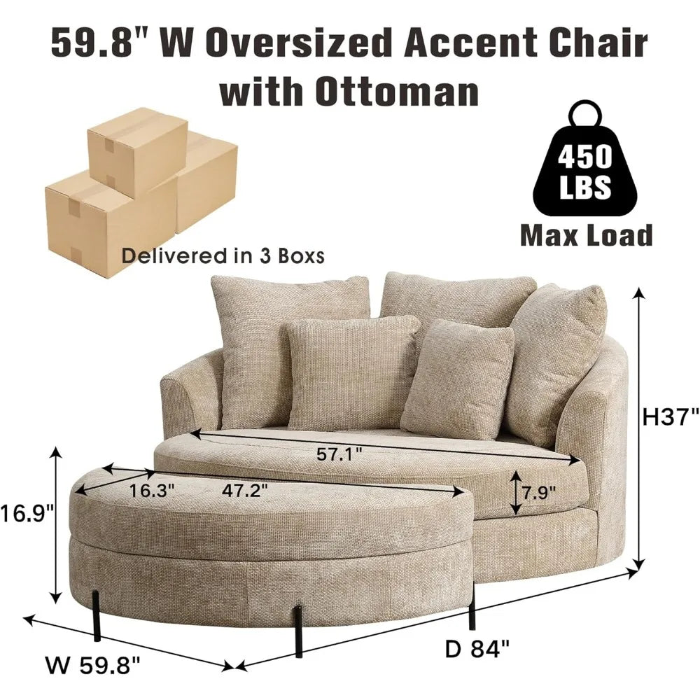 Oversized Round Barrel Chair with Ottoman for Living Room