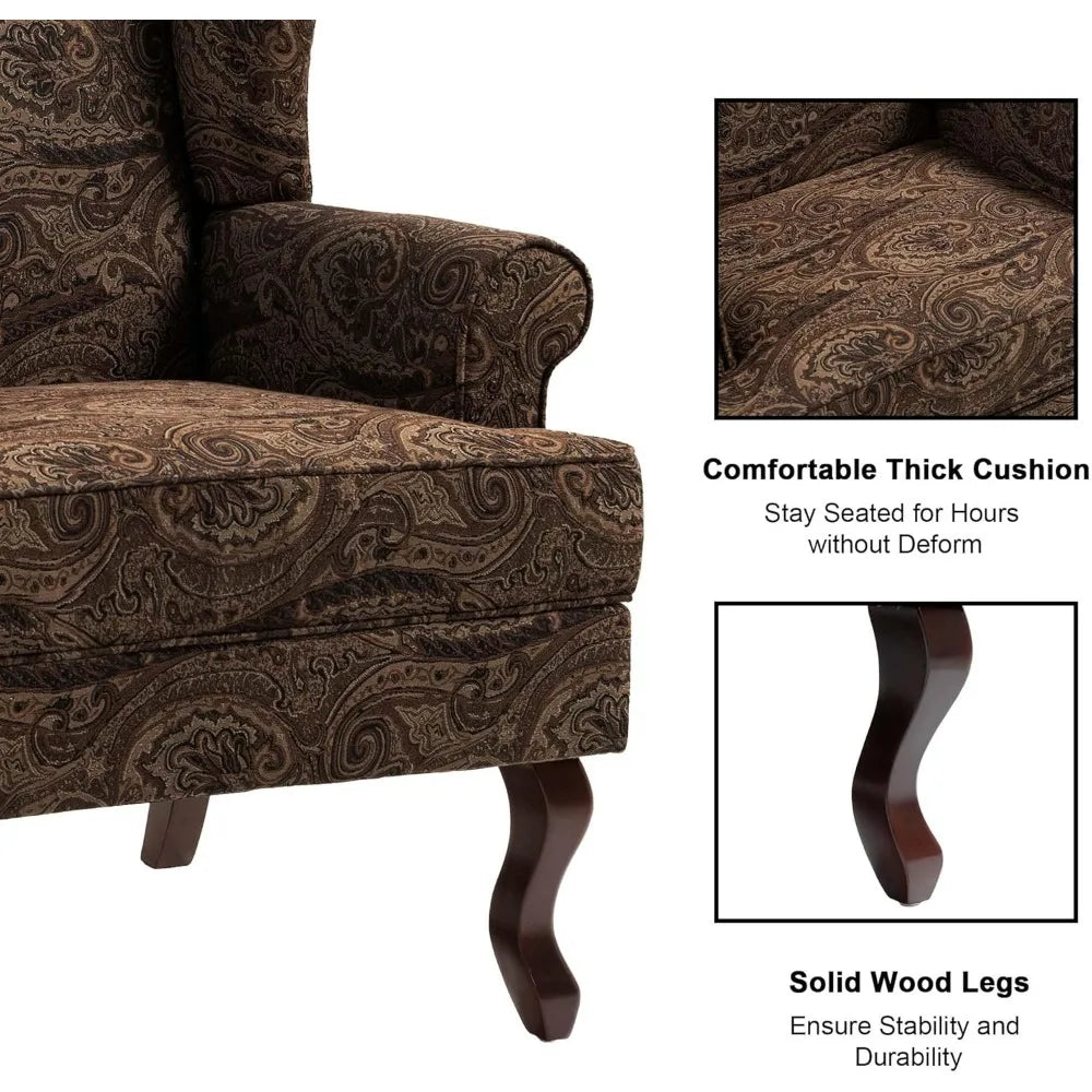 High Back Upholstered Accent Chair with Floral Brown Design