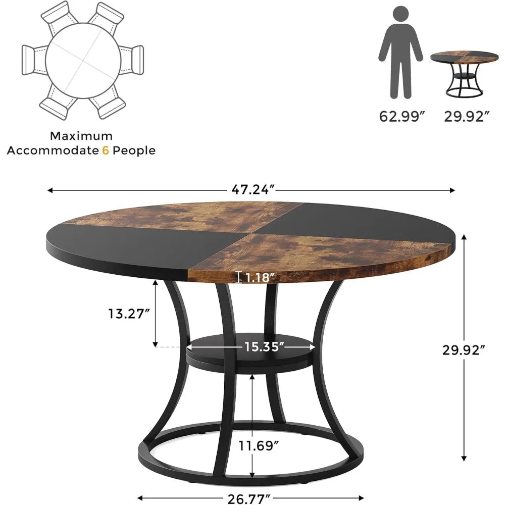 Round Dining Table for 4 to 6 with Storage Shelf and Metal Base