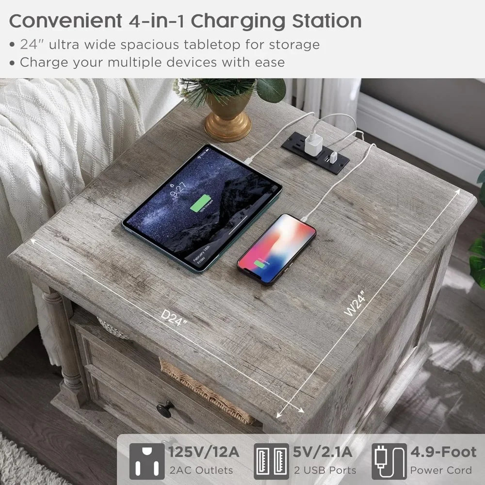 24 Inch Farmhouse End Table with Charging Station and Drawers