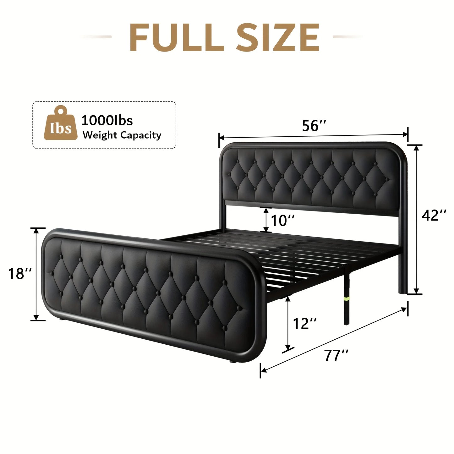 Classic Metal King Full Size Bed Frame with Faux Leather Headboard