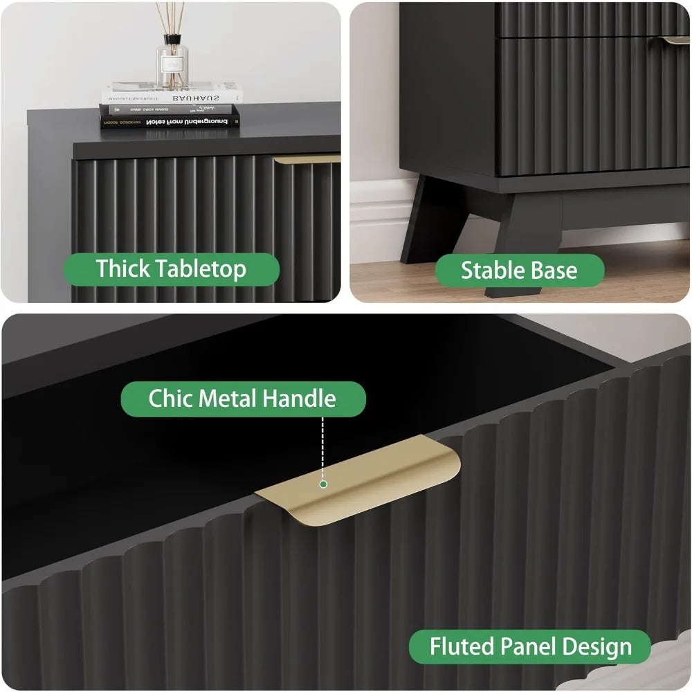 Fluted Nightstand with 3 Drawers Mid Century Modern Design