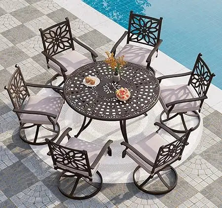 Cast Aluminum Patio Dining Set for Six with Umbrella Hole