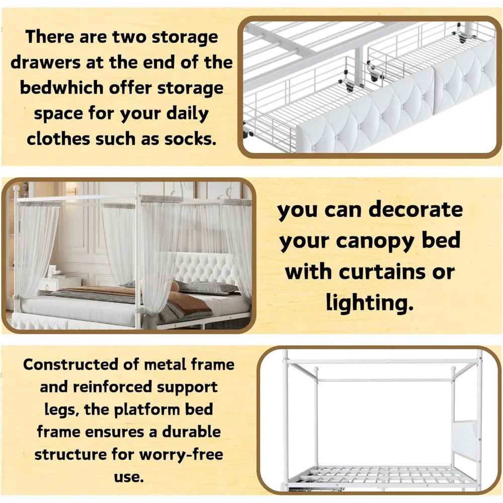 Softsea Queen Size Metal Canopy Bed with Storage and Headboard