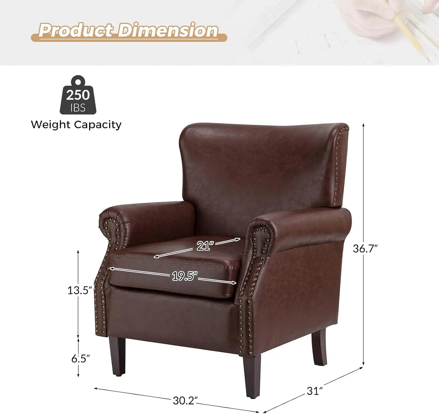Faux Leather Accent Chairs Set of 2 Comfy Upholstered Brown