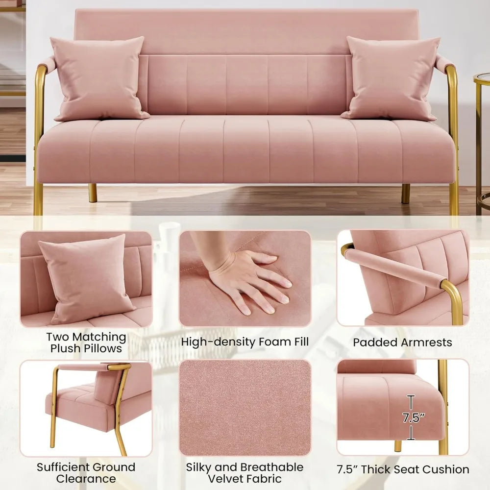 Luxurious Velvet Sofa with Gold-Tone Arms for Living Room