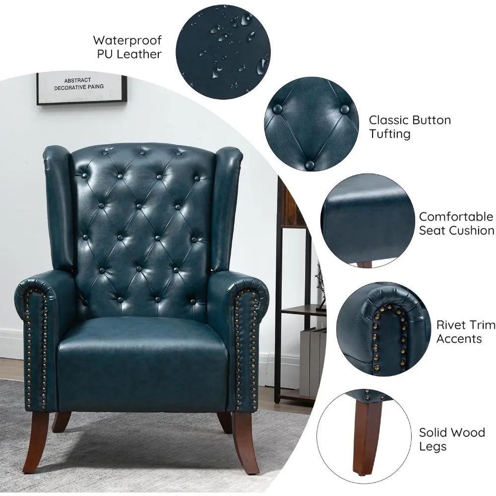 Modern Blue PU Leather Accent Chair for Living Room or Bedroom