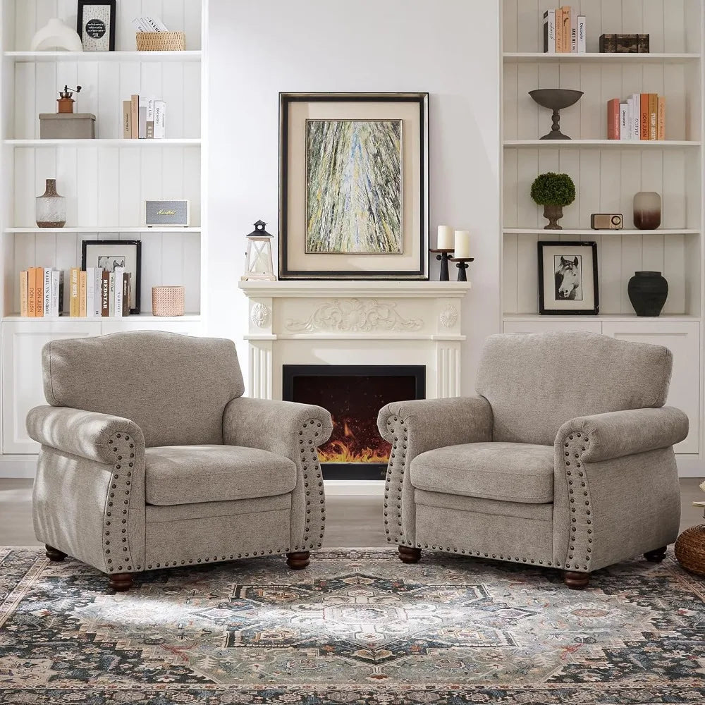 Beige Nailhead Trim Armchair Chenille Accent Chair for Living Room
