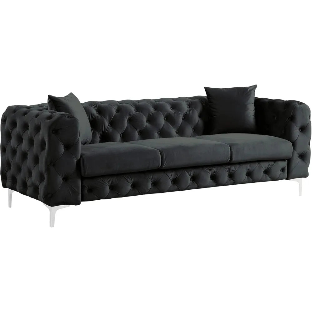 Modern Black Velvet Couch with Deep Button Tufting and Solid Frame