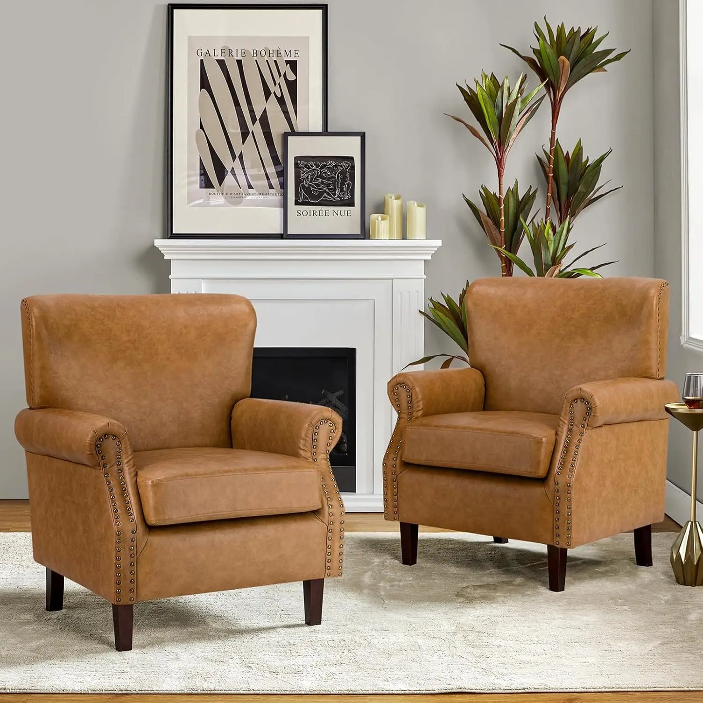 Faux Leather Accent Chairs Set of 2 Comfy Upholstered Brown