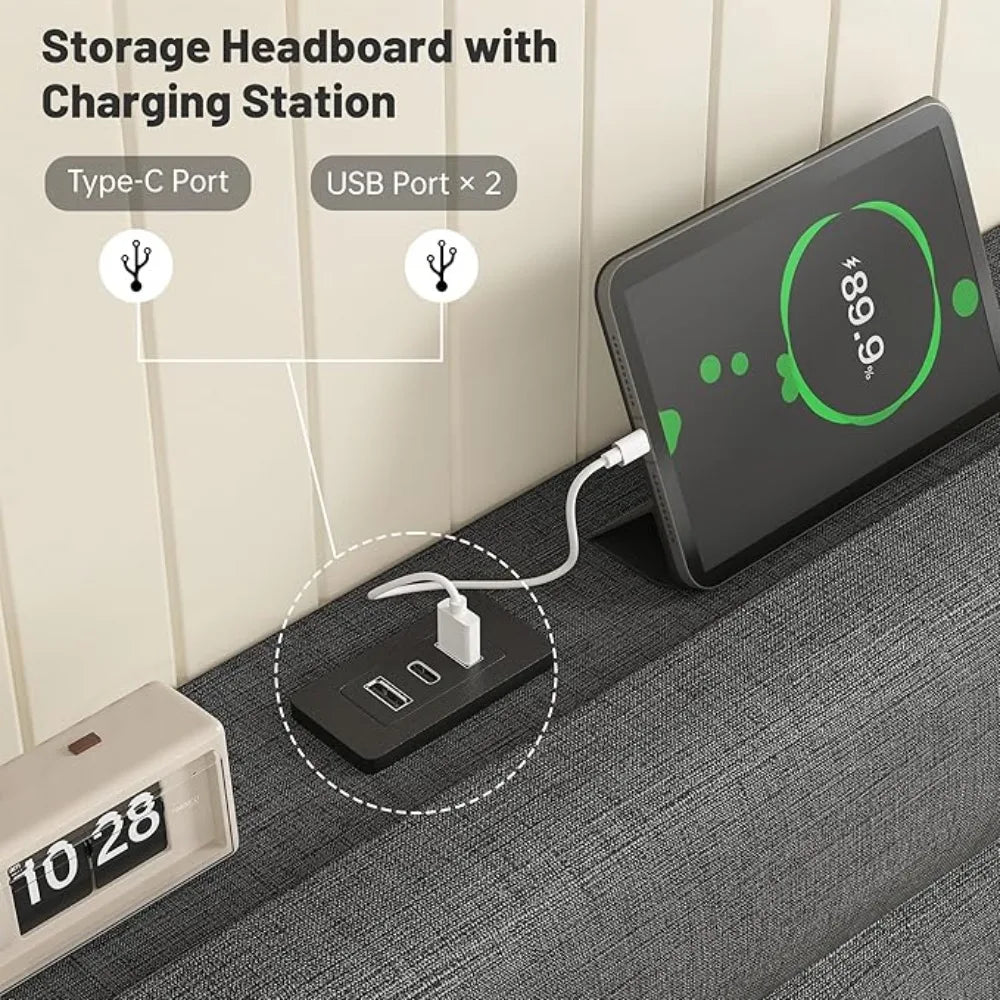 Queen Bed Frame with Upholstered Headboard and Storage Charging Station