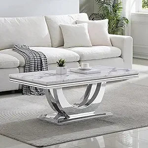 White Marble Console Table with Stainless Steel Base for Living Room
