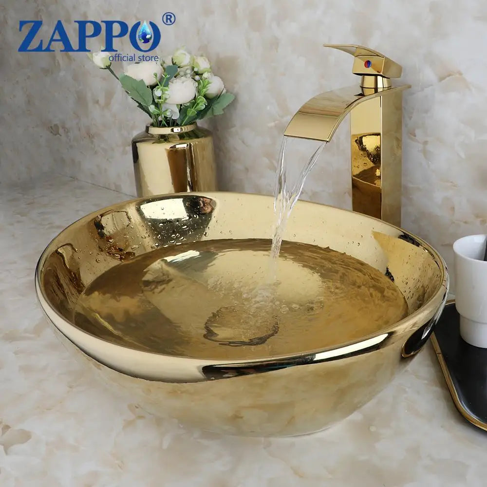 ZAPPO Luxury Gold Vessel Sink and Faucet Combo for Bathrooms