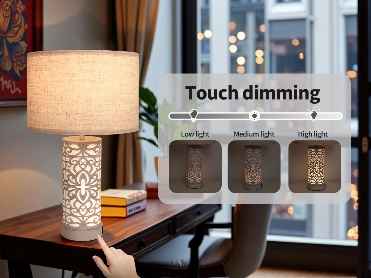 Retro Farmhouse Table Lamp Set with USB Ports and Dimmable Light