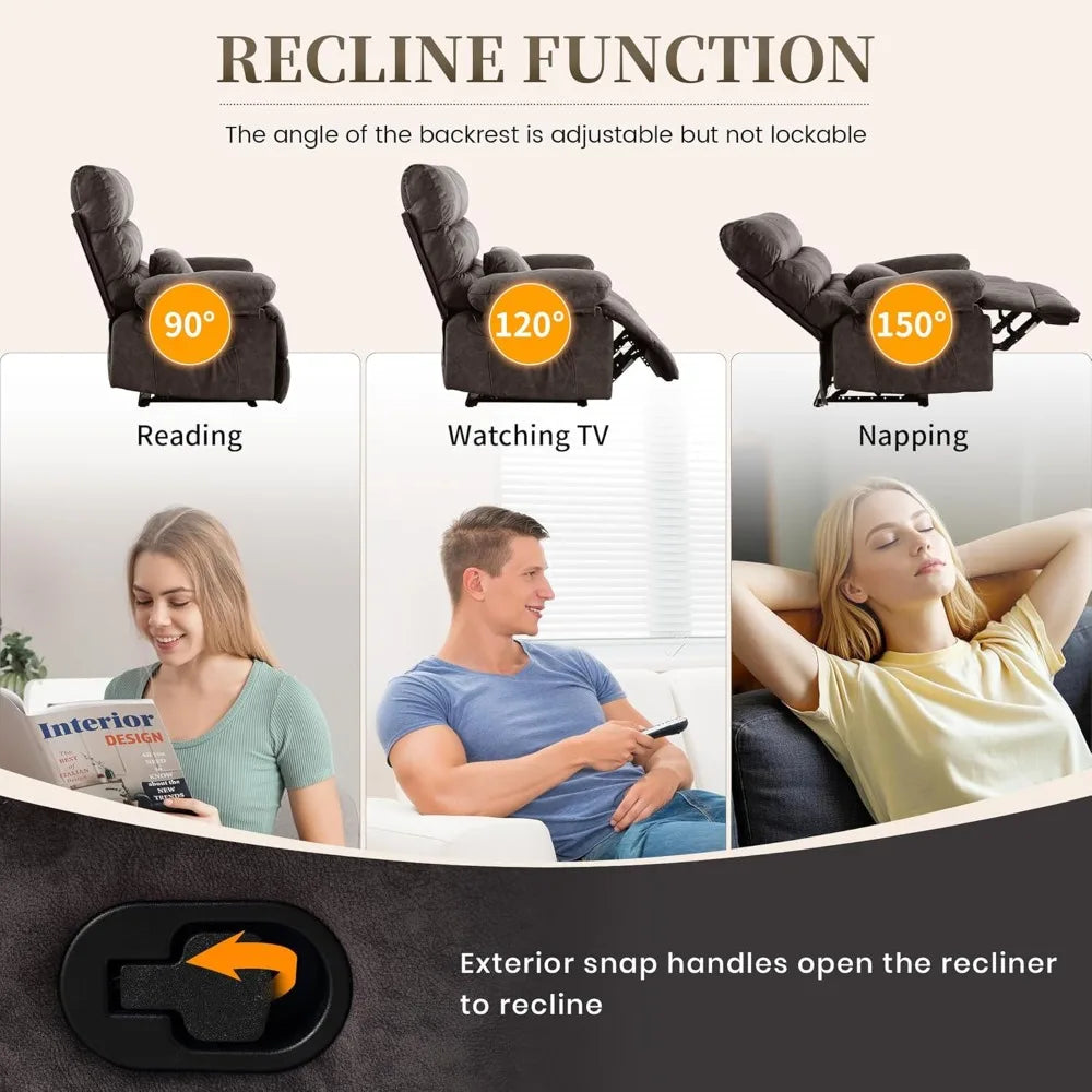 Oversized Manual Fleece Recliner with Lumbar Pillow and Pockets